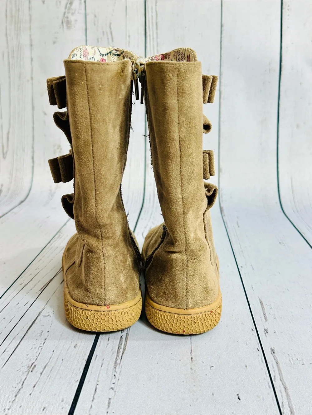 Livie & Luca Taupe Neve boots  two suede bows on the side. Girls size 13 (sku6S)